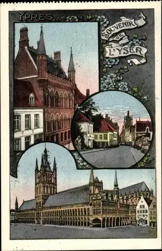 Ak Ypres Ypern Westflandern, Stadtansichten, Straße, Uhrturm, Amtsgebäude