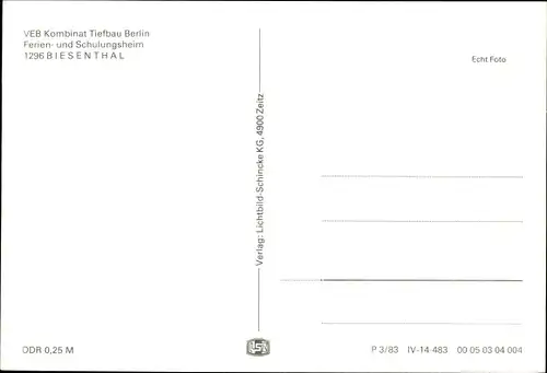 Ak Biesenthal in der Mark, Ferien- und Schulungsheim VEB Kombinat Tiefbau Berlin, Empfang