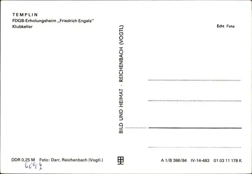 Ak Templin in der Uckermark, FDGB Erholungsheim Friedrich Engels, Klubkeller