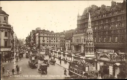 Ak London City England, The Strand and Charing Cross, Bus, Bureau de Change