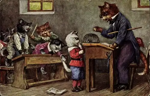 Künstler Ak Thiele, Arthur, Vermenschlichte Katzen, Schule, Lehrer, Maus im Käfig