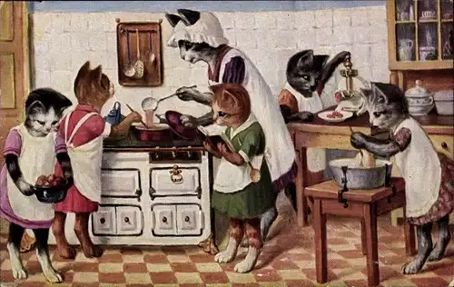 Künstler Ak Vermenschlichte Katzen in der Küche, Köchin, Herd