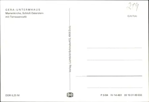 Ak Untermhaus Gera in Thüringen, Marienkirche, Schloss Osterstein, Terrassencafe