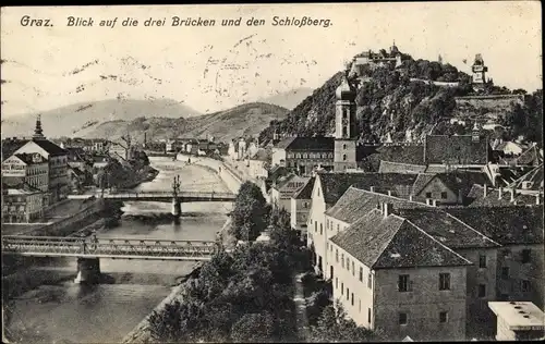 Ak Graz Steiermark, Blick auf die drei Brücken und den Schlossberg