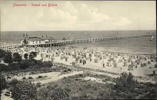 Ak Ostseebad Zinnowitz auf Usedom, Strand und Brücke, Strandkörbe