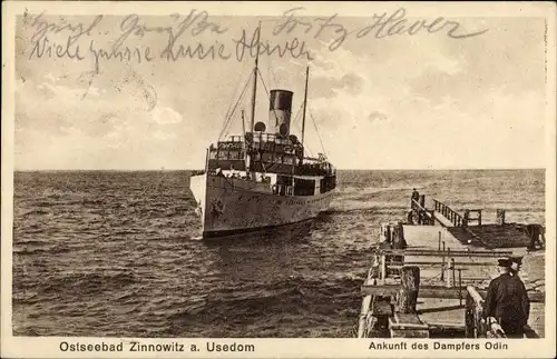 Ak Ostseebad Zinnowitz auf Usedom, Ankunft des Dampfers Odin, Landungssteg