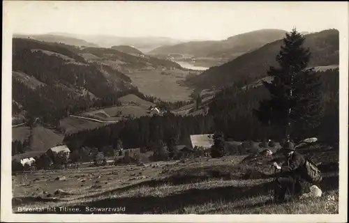 Ak Bärental Feldberg im Schwarzwald, Panorama mit Titisee, sitzender Wanderer