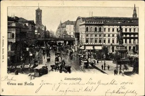 Ak Berlin Mitte, Alexanderplatz, Pferdestraßenbahn, Taxameter-Gebäude, Berolina Denkmal