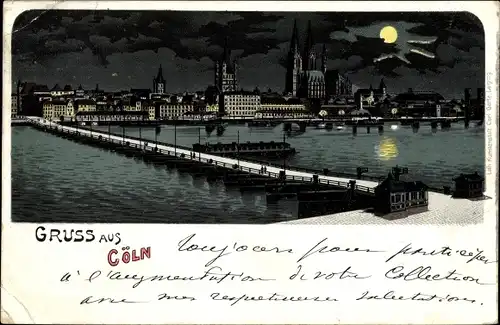 Mondschein Litho Köln am Rhein, Schiffsbrücke, Blick zur Altstadt, Dom