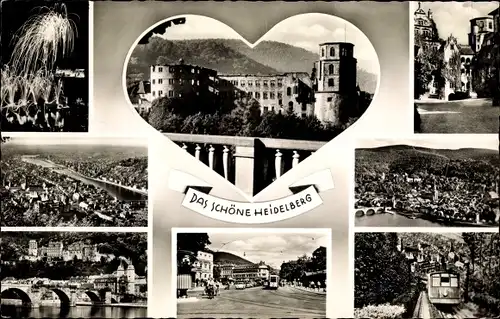 Ak Heidelberg am Neckar, Panorama, Straßenpartie, Feuerwerk, Brücke, Ruine Heidelberger Schloss