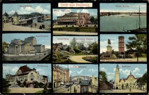 Ak Duisburg im Ruhrgebiet, Ruhrbrücke, Neuer Hafen, Bahnhof, Rathaus, Stadttheater, Kaiserberg