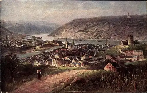 Künstler Ak Astudin, Bingen am Rhein, Panorama mit Niederwald Denkmal