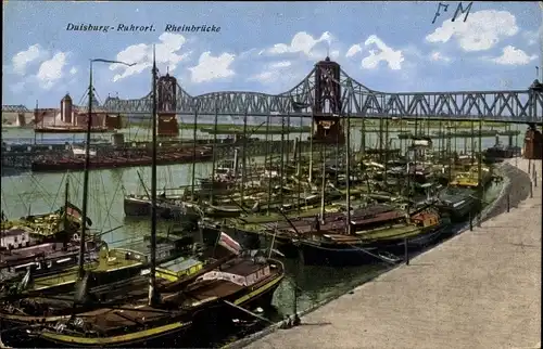 Ak Ruhrort Duisburg im Ruhrgebiet, Rheinbrücke, Schiffe