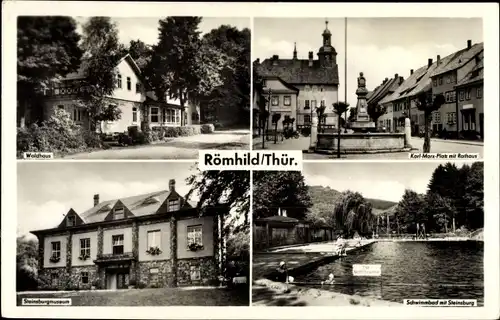 Ak Römhild in Thüringen, Waldhaus, Karl-Marx-Platz, Rathaus, Schwimmbad, Steinsburg, Museum