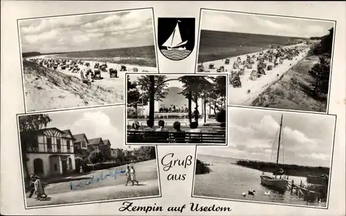 Ak Ostseebad Zempin auf Usedom, Wappen, Strand, Strandkörbe, Segelboot, Badstraße