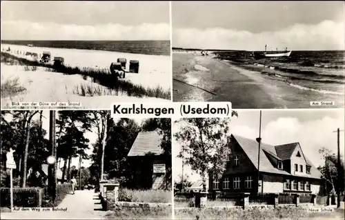 Ak Ostseebad Karlshagen auf Usedom, Strand, Neue Schule, Weg zum Bahnhof