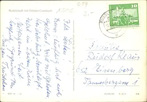 Ak Rudolstadt in Thüringen, Panorama mit Ortsteil Cumbach, Schloss