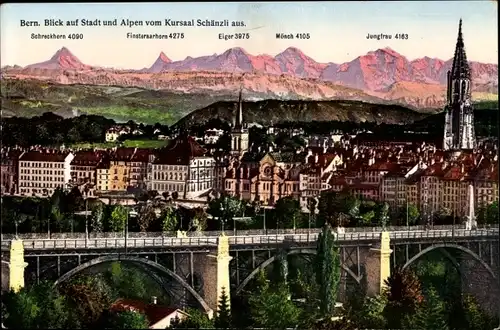 Ak Bern Stadt Schweiz, Blick auf Stadt und Alpen vom Kursaal Schänzli aus