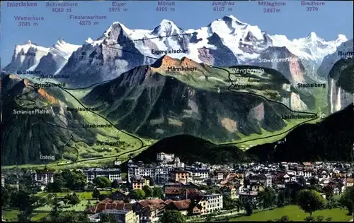 Ak Interlaken Kanton Bern Schweiz, Gesamtansicht, Jungfrau, Mönch, Eiger, Wetterhorn