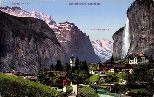 Ak Lauterbrunnen Kanton Bern, Staubbach, Grosshorn, Jungfrau