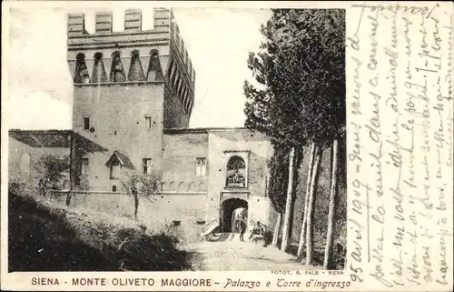 Ak Siena Toscana, Monte Oliveto Maggiore, Palazzo und Torre d&#39;ingresso