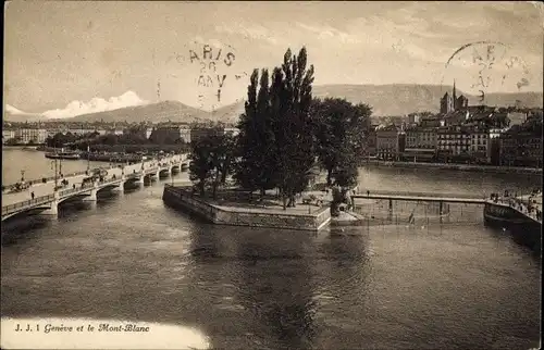 Ak Stadt Genf, Mont Blanc, Brücke, Insel, Fußgänger