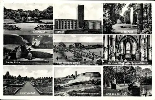 Ak Wilhelmshaven in Niedersachsen, Parkanlagen, Rathaus, Bebelallee, Banterruine, Ehrenfriedhof