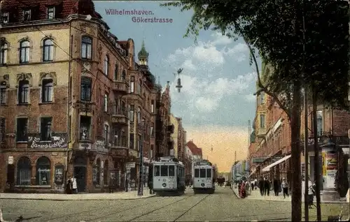 Ak Wilhelmshaven in Niedersachsen, Straßenbahnen 11 u. 10, Gökerstraße