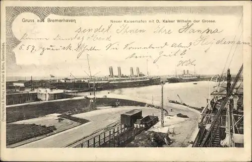 Ak Bremerhaven, Neuer Kaiserhafen m. Dampfer Kaiser Wilhelm der Große, Güterwagons