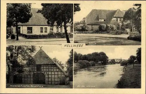 Ak Hellwege in Niedersachsen, Geschäftshaus Frau Lange, Schule, Niedersächsisches Bauernhaus