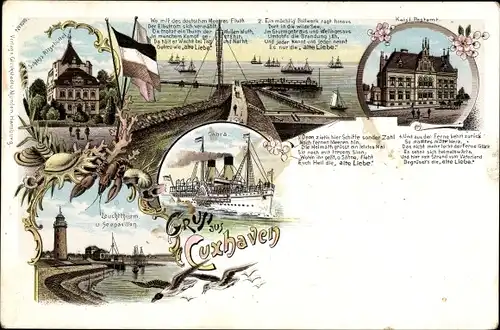 Litho Cuxhaven in Niedersachsen, Postamt, Leuchtturm, Schloss Ritzebüttel, Alte Liebe