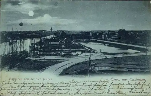 Mondschein Ak Nordseebad Cuxhaven, Blick von der See