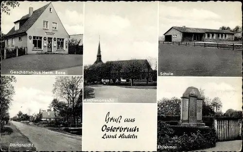 Ak Osterbruch in Niedersachsen, Geschäftshaus, Kirche, Schule, Dorf, Ehrenmal