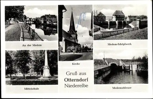 Ak Otterndorf an der Niederelbe, An der Medem, Kirche, Mittelschule, Schöpfwerk, Schleuse