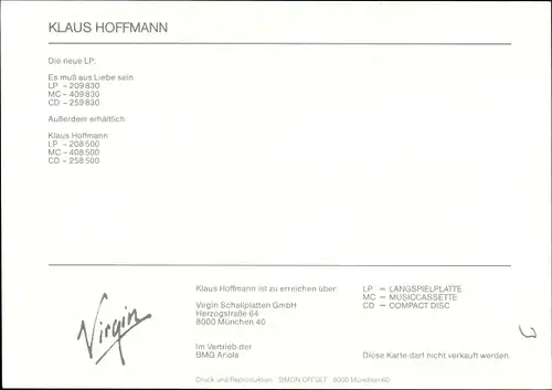 Ak Sänger Klaus Hoffmann, Portrait, Autogramm