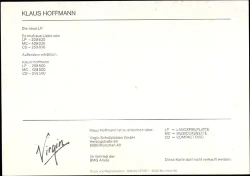 Ak Sänger Klaus Hoffmann, Portrait, Autogramm