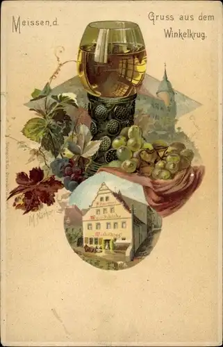 Künstler Litho Näther, M., Meißen in Sachsen, Weinschänke Winkelkrug, Weinglas, Weintrauben, Stengel