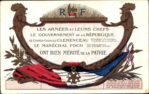 Ak Die Armeen und ihre Anführer, Clemenceau, Foch, Verdienst des Vaterlandes