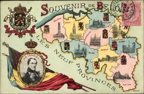 Landkarten Ak Belgien, die 9 Provinzen, König Leopold I., Brüssel, Antwerpen, Namur, Lüttich