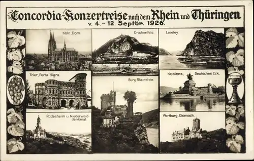 Ak Concordia Konzertreise 1926, Köln, Drachenfels, Trier, Loreley, Niederwalddenkmal, Wartburg