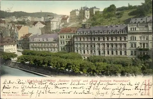 Ak Karlovy Vary Karlsbad Stadt, Hotel Goldner Schild, Zwei deutsche Monarchen