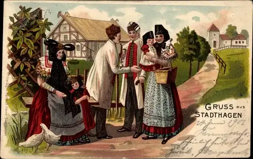 Litho Stadthagen, Im Schaumburger Lipper Lande, Familie in Schaumburger Trachten, Bauernhof