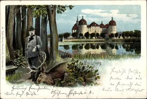 Ak Moritzburg in Sachsen, Jagdschloss, König Albert als Jäger, Hirsch