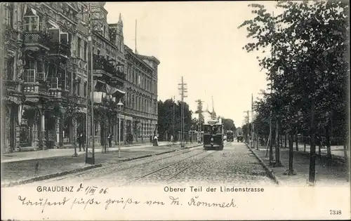 Ak Grudziądz Graudenz Westpreußen, Oberer Teil der Lindenstraße, Straßenbahn