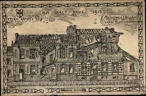 Künstler Ak Messines Mesen Westflandern, Lange Kloster Straße, Kriegszerstörungen, I WK