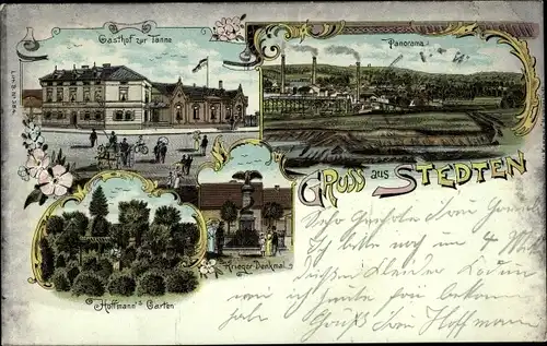 Litho Stedten am See Mansfelder Land, Gasthof zur Tanne, Hoffmann's Garten, Kriegerdenkmal