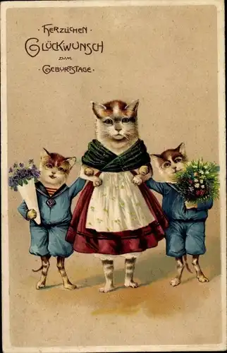 Präge Litho Glückwunsch Geburtstag, Vermenschlichte Katzen mit Blumen