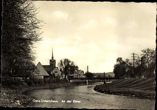 Ak Untermhaus Gera in Thüringen, An der Elster, Kirche, Brücke