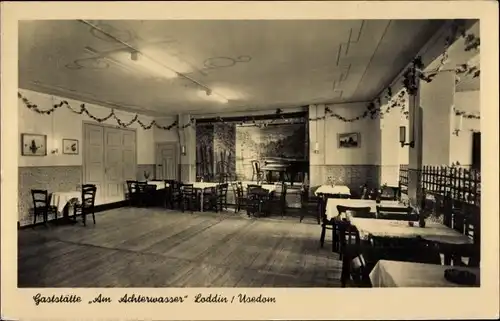 Ak Ostseebad Loddin auf Usedom, Gaststätte Am Achterwasser, Innenansicht, Bühne, Klavier