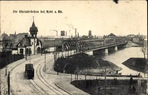 Ak Kehl am Rhein, Die Rheinbrücken mit Straßenbahn